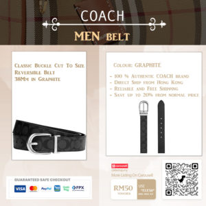 Coach Classic Buckle Cut To Size Reversible Belt 38MM [Graphite] _20007